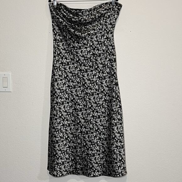 EXPRESS Dress Size L Black Sliver Floral Satin Strapless Midi Slip Lined Worn 1X - Picture 2 of 14